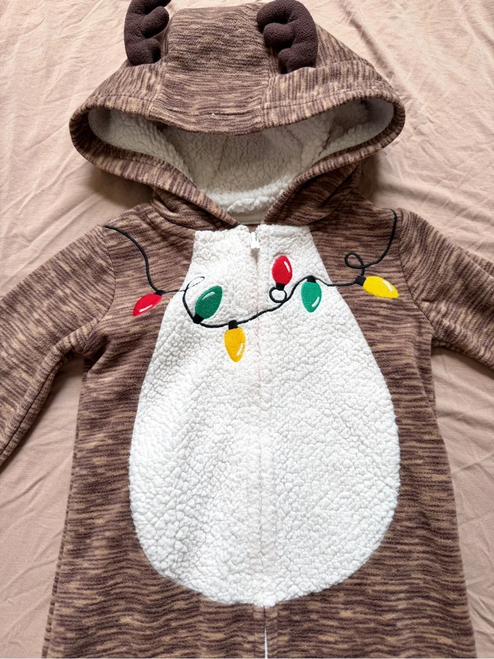 18M🎄 Carter’s Christmas Lights Fleece Reindeer Hooded One Piece Brown Jumpsuit